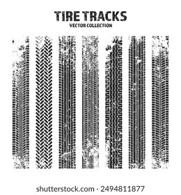 Grunge tire tracks, wheel braking marks. Truck, car or motorcycle tread pattern silhouettes. Auto race, motorsport, speed racing design element. Vector illustration.