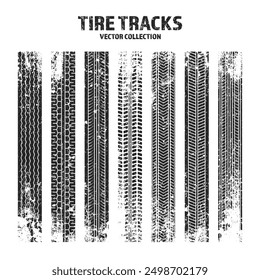 Grunge tire tracks, wheel braking marks. Truck, car or motorcycle tread pattern silhouettes. Auto race, motorsport, speed racing design element. Vector illustration