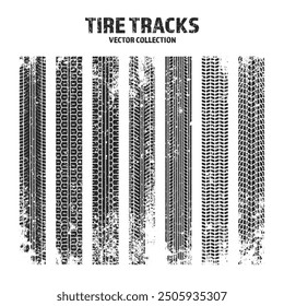 Grunge tire tracks, wheel braking marks. Truck, car or motorcycle tread pattern silhouettes. Auto race, motorsport, speed racing design element. Vector illustration