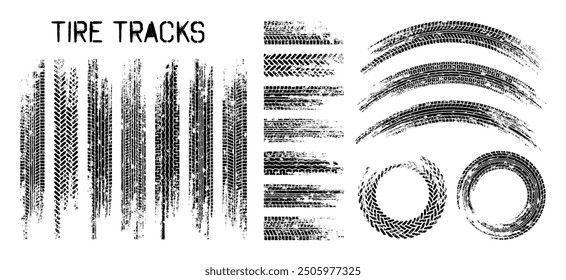 Grunge tire tracks, wheel braking marks. Truck, car or motorcycle tread pattern silhouettes. Auto race, motorsport, speed racing design element. Vector illustration