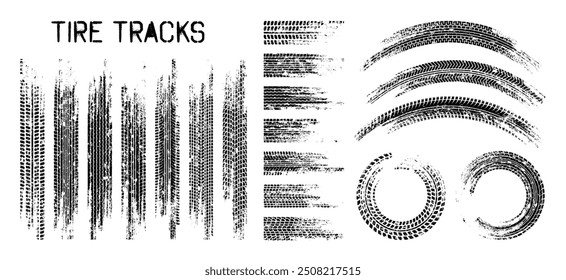 Grunge tire tracks, wheel braking marks. Truck, car or motorcycle tread pattern silhouettes. Auto race, motorsport, speed racing design element. Vector illustration