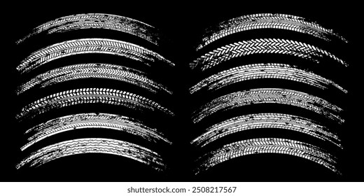 Grunge tire tracks, wheel braking marks. Truck, car or motorcycle tread pattern silhouettes. Auto race, motorsport, speed racing design element. Vector illustration