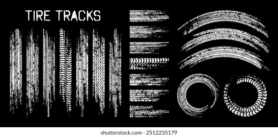 Rastreio dos pneus em grunge, marcas de travagem das rodas. Silhuetas padrão de piso de caminhões, automóveis ou motociclos. Auto corrida, automobilismo, velocidade de corrida elemento de design. Ilustração vetorial