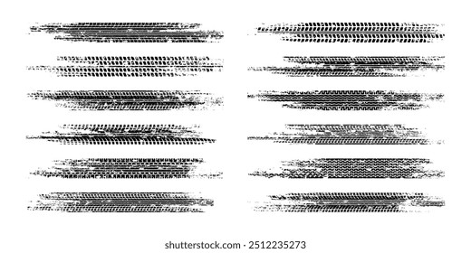 Rastreio dos pneus em grunge, marcas de travagem das rodas. Silhuetas padrão de piso de caminhões, automóveis ou motociclos. Auto corrida, automobilismo, velocidade de corrida elemento de design. Ilustração vetorial