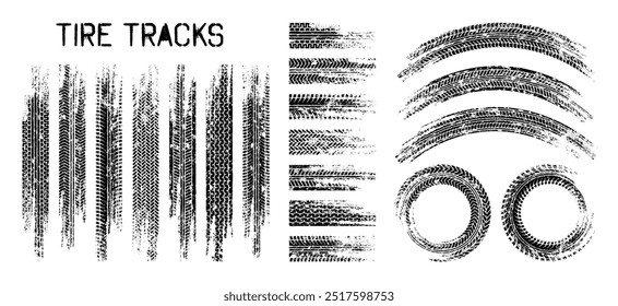 Grunge tire tracks, wheel braking marks. Truck, car or motorcycle tread pattern silhouettes. Auto race, motorsport, speed racing design element. Vector illustration