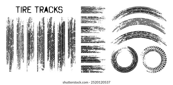 Grunge tire tracks, wheel braking marks. Truck, car or motorcycle tread pattern silhouettes. Auto race, motorsport, speed racing design element. Vector illustration