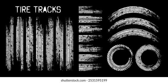 Rastreio dos pneus em grunge, marcas de travagem das rodas. Silhuetas padrão de piso de caminhões, automóveis ou motociclos. Auto corrida, automobilismo, velocidade de corrida elemento de design. Ilustração vetorial