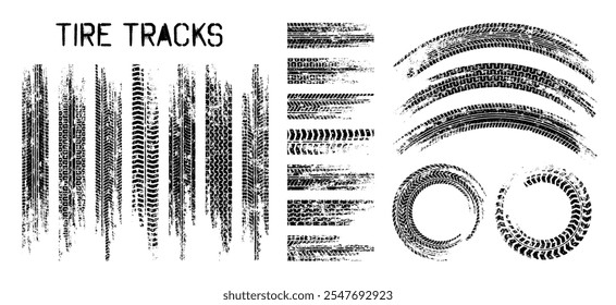 Grunge tire tracks, wheel braking marks. Truck, car or motorcycle tread pattern silhouettes. Auto race, motorsport, speed racing design element. Vector illustration