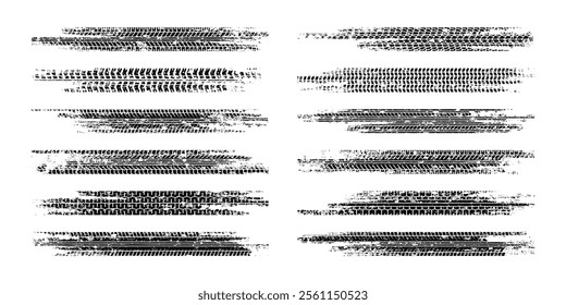 Grunge tire tracks, wheel braking marks. Truck, car or motorcycle tread pattern silhouettes. Auto race, motorsport, speed racing design element. Vector illustration
