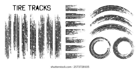 Grunge tire tracks, wheel braking marks. Truck, car or motorcycle tread pattern silhouettes. Auto race, motorsport, speed racing design element. Vector illustration