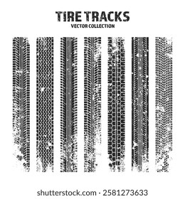 Grunge tire tracks, wheel braking marks. Truck, car or motorcycle tread pattern silhouettes. Auto race, motorsport, speed racing design element. Vector illustration