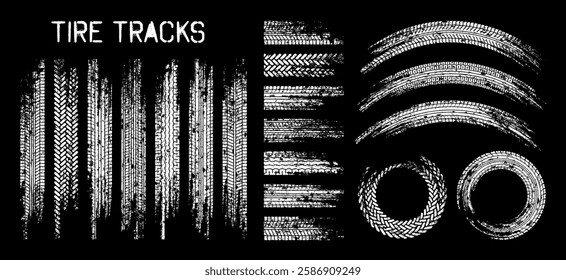 Grunge tire tracks, wheel braking marks. Truck, car or motorcycle tread pattern silhouettes. Auto race, motorsport, speed racing design element. Vector illustration