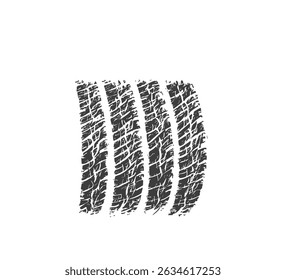 Grunge tire tread element featuring car and motorcycle wheel patterns. Black tyre track print with detailed texture. Vector design isolated on a clean white background.