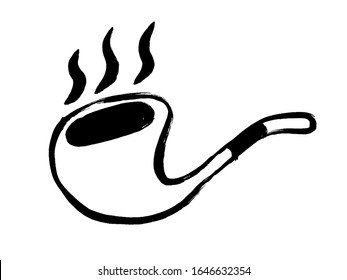 Grunge tobacco pipe icon. Brush ink style. Simple black design. Hand drawing doodle smoking pipe illustration. Cartoon drawing. 