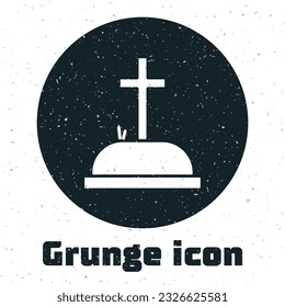 Grunge Tombstone with cross icon isolated on white background. Grave icon. Monochrome vintage drawing. Vector Illustration
