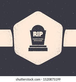 Grunge Tombstone with RIP written on it icon isolated on grey background. Grave icon. Monochrome vintage drawing. Vector Illustration
