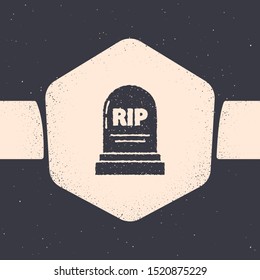 Grunge Tombstone with RIP written on it icon isolated on grey background. Grave icon. Monochrome vintage drawing. Vector Illustration