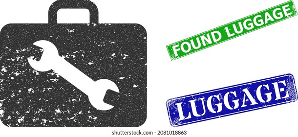 Grunge tool case icon and rectangle unclean Found Luggage stamp. Vector green Found Luggage and blue Luggage watermarks with grunge rubber texture, designed for tool case illustration.