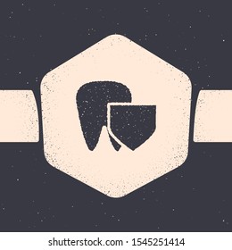 Grunge Tooth with shield icon isolated on grey background. Dental insurance. Security, safety, protection, protect concept. Monochrome vintage drawing. Vector Illustration