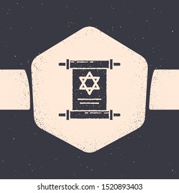 Grunge Torah scroll icon isolated on grey background. Jewish Torah in expanded form. Star of David symbol. Old parchment scroll. Monochrome vintage drawing. Vector Illustration