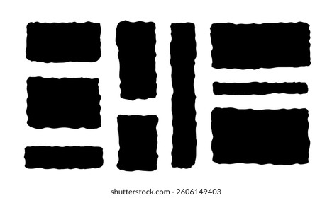 Grunge torn geometric rectangle frames, rough old text box set. Abstract hand drawn blank black shapes. Graphic doodle elements frame, template, border. Vector isolated illustration