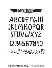 Grunge tough simple font. Universal alphabet with capital letters, numbers, glyphs, sign for your design concept, art, business