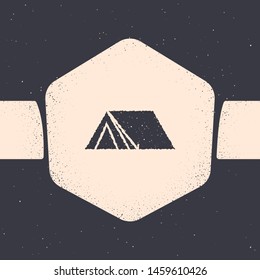 Grunge Tourist tent icon isolated on grey background. Camping symbol. Monochrome vintage drawing. Vector Illustration