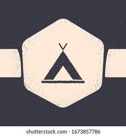 Grunge Tourist tent icon isolated on grey background. Camping symbol. Monochrome vintage drawing. Vector Illustration