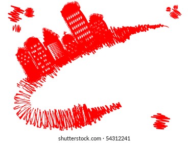 Grunge town stands on red grunge curve, vector illustration