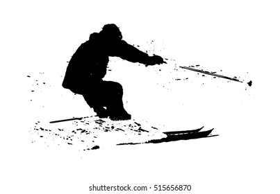 Grunge tracing silhouette of single mountain skier isolated on a white background. Vector illustration