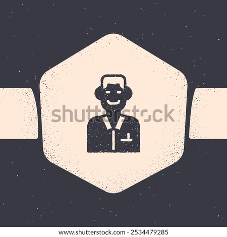 Grunge Trader icon isolated on grey background. Businessman trading stocks. Monochrome vintage drawing. Vector