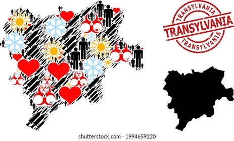 Grunge Transylvania seal, and frost demographics syringe mosaic map of Albacete Province. Red round seal contains Transylvania caption inside circle. Map of Albacete Province mosaic is made of frost,