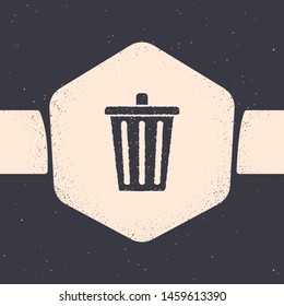 Grunge Trash can icon isolated on grey background. Garbage bin sign. Recycle basket icon. Office trash icon. Monochrome vintage drawing. Vector Illustration