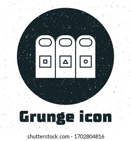 Grunge Trash in garbage cans with sorted garbage icon isolated on white background. Recycle basket icon. Monochrome vintage drawing. Vector Illustration