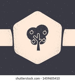 Grunge Tree with apple icon isolated on grey background. Agricultural plant. Organic farm product. Gardening theme. Monochrome vintage drawing. Vector Illustration