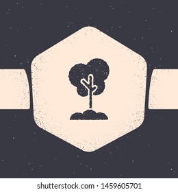 Grunge Tree in the ground icon isolated on grey background. Forest symbol. Monochrome vintage drawing. Vector Illustration