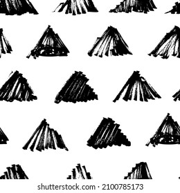 Grunge triángulo pincel de trazos vectorial patrón sin fisuras. Distancia de textura en blanco y negro. Fondo geométrico con formas triangulares abstractas. Ilustración de tinta vectorial. Sellos de textura de goma gruesa