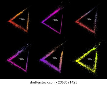 Grunge triangle texture effect set. Rough shape decoration. Abstract frame with vibrant colors. Colorful isolated on black background. Graphic design halftone style concept for banner, flyer, etc