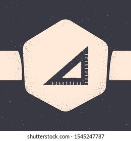 Grunge Triangular ruler icon isolated on grey background. Straightedge symbol. Geometric symbol. Monochrome vintage drawing. Vector Illustration