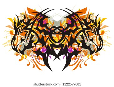 Grunge tribal butterfly formed by dragon heads. Colorful abstract dangerous butterfly formed by the heads of a dragon with floral elements on a white background