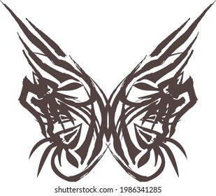 Grunge tribal butterfly wings with floral patterns on white. Butterfly silhouette in pastel tones for holidays and events, logos, tattoos, prints, textiles, holidays and events, wallpaper, etc.