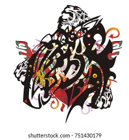 Grunge tribal freakish horse head. Fantastic terrible horse head with the aggressive heads of tigers, red heart, arrows and colorful splashes