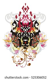 Grunge tribal imaginary animal head. Colorful floral splashes in the head of an animal similar to a dog against the background of pigeons and the wolf heads