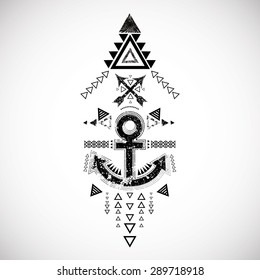 Grunge Tribal Tattoo Element. Aztec Style with Anchor. Vector Illustration. 