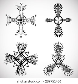 Grunge Tribal Tattoo Elements Collection. Aztec Style. Native American Symbols. Hipster Symbols isolated on White Background.  Vector Illustration. 