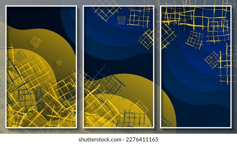 Grunge triptych in blue and yellow tones. Abstract lattice shapes against a background of overlapping wavy shapes. Three images in white thin frames. Vector.