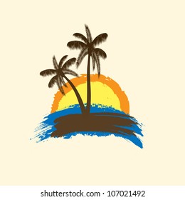Grunge tropical background with palms and sun. vector illustration