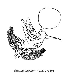 grunge tropical hummingbird with plants and chat bubble