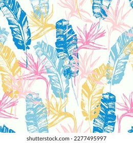 Grunge tropical leaves, flowers seamless pattern. Hand drawn abstract background: banana leaf, bird-in-paradise flower silhouettes. Vector art illustration for summer design, floral prints, wallpaper