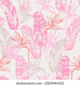 Grunge tropical leaves, flowers seamless pattern. Hand drawn abstract background: banana leaf, bird-in-paradise flower silhouettes. Vector art illustration for summer design, floral prints, wallpaper